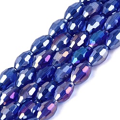 Medium Blue Electroplate Transparent Glass Beads Strands, Rice, AB Color Plated, Faceted, Medium Blue, 8~8.5x5.5~6mm, Hole: 1~1.2mm, about 67~68pcs/strand, 21.46~22.24 inch(54.5~56.5cm)