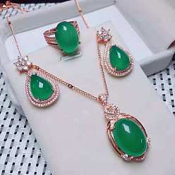 Зеленый 925 ожерелья, серьги и кольца из стерлингового серебра с микропаве из прозрачных кубических цирконий и натуральным халцедоном, розовое золото , овальные, зелёные, 400 мм