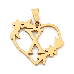 Letter X Ионное покрытие (ip) 201 подвески из нержавеющей стали, сердце с подвесками в виде букв, золотые, Письмо X, 23x25x1.5 мм, отверстие : 7.5x3.5 мм