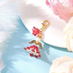 Красный Подвеска-ангел из стеклянного бисера ручной работы, с цинковым сплавом застежками омаров коготь, красные, 49.5 мм