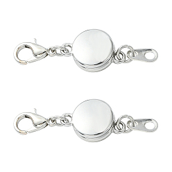 Platinum Alloy Magnetic Clasps, with Lobster Claw Clasps and Chain Tabs, Flat Round, Platinum, 35mm, Clasp: 12x7x2.5mm, Chain Tabs: 22mm long, Flat Round: 9x5x0.5mm
