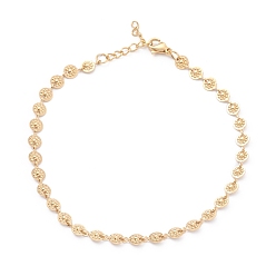 Golden PVD Vacuum Plating 304 Stainless Steel Link Bracelets, with Lobster Claw Clasps, Flat Round with Flower, Golden, 8-7/8 inch(22.5cm)