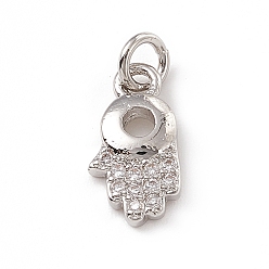 Platinum Brass Micro Pave Clear Cubic Zirconia Palm Charms, with Open Jump Rings, Platinum, 12.5x6.5x2mm, Jump Ring: 4.5x0.7mm, Inner Diameter: 2.2mm 