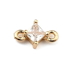 Golden Brass Pave Clear Cubic Zirconia Connector Charms, Rhombus Links, Golden, 8.5x5x3mm, Hole: 1mm