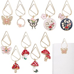 Couleur Mélangete 10pcs 10 styles marque-pages en acier au carbone en forme de larme, avec pendentifs papillon/champignon/fleur en alliage émaillé, or, couleur mixte, 49~63mm