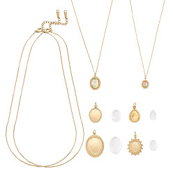 Golden DIY Necklace Makings, Ion Plating(IP) 304 Stainless Steel Cable Chain Necklace, 304 Stainless Steel Pendant Cabochon Settings, Transparent Glass Cabochons, Golden, 15.94 inch(40.5cm)