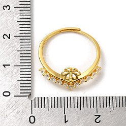 Real 18K Gold Plated 925 Sterling Silver Micro Pave Cubic Zirconia Adjustable Cuff Ring Settings, for Half Drilled Beads, Flower, with S925 Stamp, Real 18K Gold Plated, US Size 6 3/4(17.1mm), Pin: 0.9mm