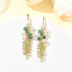 Green 304 Stainless Steel with Natural Mixed Gemstone Stud Earrings, Round, Tassel Earrings, Golden, Green, 57mm