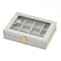 Gris Claro Cajas de joyas de madera rectángulo, cubiertos con terciopelo, con vidrio y hierro cierres, 12 compertments, gris claro, 20.2x15.3x4.8 cm