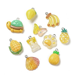 Yellow Resin Pendants, with Platinum Plated Iron Loops, Pineapple & Tortoies & Shell, Mixed Shapes, Yellow, 14~25x13~24x5~11.5mm, Hole: 2mm, about 10pcs/bag