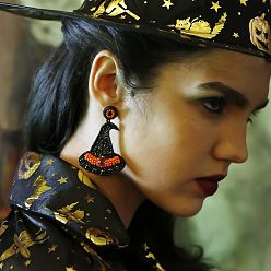 Черный Серьги-гвоздики из пластика и бисера, Хэллоуин шляпа, чёрные, 60x40 мм