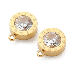 Golden 304 Stainless Steel Rhinestone Charms, Flat Round with Roman Numerals, Crystal, Golden, 14x11x4.5mm, Hole: 1.8mm