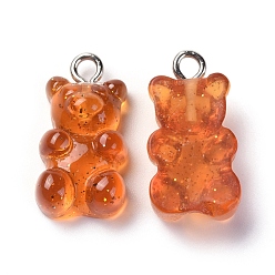 Sienna Translucent Resin Pendants, with Platinum Plated Metal Screw Eye Pin Peg Bails, Bear, Sienna, 20x11x7mm, Hole: 2mm