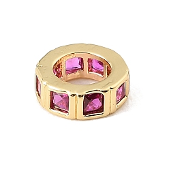 Deep Pink Brass Pave Cubic Zirconia European Beads, Flat Round, Large Hole Beads, Rack Plating, Long-Lasting Plated, Lead Free & Cadmium Free, Real 18K Gold Plated, Deep Pink, 8.5x3mm, Hole: 5mm