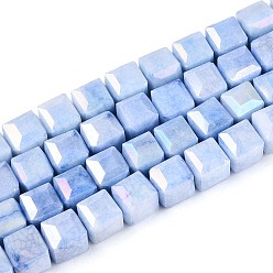 Васильковый Антикоррозийные гальванические стеклянные бусины, имитация драгоценных камней, кубические, с покрытием AB цвета, граненые, два тона, васильковый, 7x7x6.5~7 мм, отверстие : 1.2~1.4 мм, около 53~54 шт / нитка, 14.49~15.08'' (36.8~38.3 см)