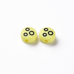 Champagne Yellow Opaque Champagne Yellow Acrylic Beads, Flat Round with Black Random Expression, 7x4mm, Hole: 1.6mm, about 3650pcs/500g