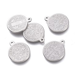 Нержавеющая Сталь Цвет Не тускнеющие 201 подвески из нержавеющей стали, плоские круглые с святым Бенедиктом, цвет нержавеющей стали, 17x14x1.5 мм, отверстие : 1.4 мм