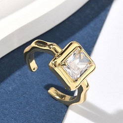 Прозрачный Латунная манжета с открытыми кольцами из кубического циркония/стекла, прямоугольные, без кадмия и без свинца, долговечный, стойки покрытие, реальный 18 k позолоченный, прозрачные, 11.5 мм, размер США 7 1/4 (17.5 мм)