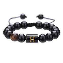 Letter H Регулируемые плетеные браслеты из натурального тигрового глаза и стеклянных бусин для мужчин и женщин, столбец с письмом, чёрные, Письмо ч, 6-1/4~10-1/4 дюйм (16~26 см)