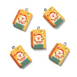 Gold Opaque Resin Pendants, with Platinum Tone Iron Loops, Christmas Theme, Notebook with Santa Claus Pattern, Gold, 28x18x5mm, Hole: 2mm