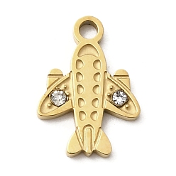 Настоящее золото 18K 304 подвески из нержавеющей стали со стразами, ионное покрытие (ip), очарование самолета, реальный 18 k позолоченный, 12x8.5x1.5 мм, отверстие : 1.5 мм