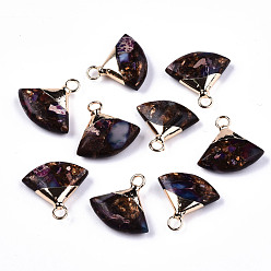 Medium Purple Fan Assembled Synthetic Bronzite and Regalite/Imperial Jasper Pendants, with Iron Loop and Light Gold Plated Brass Top, Dyed, Medium Purple, 18~19x18~19x5~6mm, Hole: 2mm