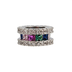 Платина Плоская круглая стойка покрытие латунь кубический цирконий европейские бусины, бусины с большим отверстием, долговечный, платина, 10.5x5 мм, отверстие : 6 мм