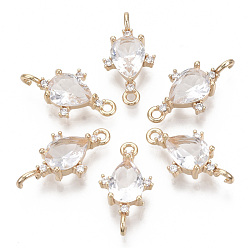 Clear Glass Links connectors, with Brass Micro Pave Cubic Zirconia, Faceted, Teardrop, Light Gold, Clear, 18x9.5x4.5mm, Hole: 1.2mm