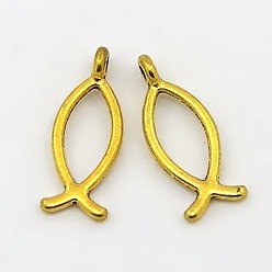 Античное Золото Сплавочные подвески тибетского стиля, на Пасху, без свинца и без кадмия, иисус фиш / христианин ихтис ихт, античное золото , 20x8 мм, отверстие : 2 мм