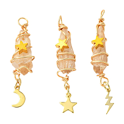 пшеница 3 шт 3 стили гальванизированный натуральный кварцевый кристалл большие подвески, подвески-слезинки из медной проволоки с драгоценными камнями 304 из нержавеющей стали с луной, звездами и молниями, золотые, цвет пшеницы, 51.8 мм, отверстие : 3.4 мм, 1 шт / стиль