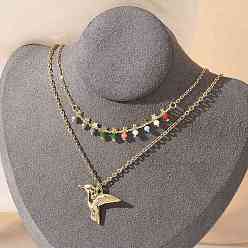 Настоящее золото 18K 304 двухслойные ожерелья из нержавеющей стали и разноцветных стеклянных бусин, ожерелья с подвесками в виде птиц для женщин, реальный 18 k позолоченный, 16.22 дюйм (41.2 см)