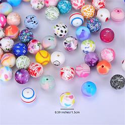 Colorful Printed Round with Flower Pattern Silicone Focal Beads, Colorful, 15x15mm, Hole: 2mm
