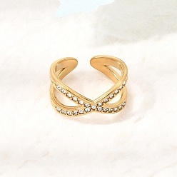 Real 18K Gold Plated 304 Stainless Steel Rhinestone Cuff Open Rings for Women, Criss Cross Rings, Ion Plating(IP), Real 18K Gold Plated, 10.5mm, US Size 8 1/2(18.5mm)