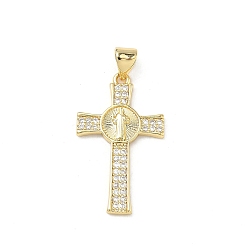 Human Латунные микропаве прозрачные подвески с фианитом, крест прелести, реальный 16 k позолоченный, Дева Мария, 27.5x15.5x2.5 мм, отверстие : 4.5x3.5 мм