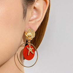 Красный Серьги-гвоздики с эмалевым сплавом в виде морской звезды, с акриловой, золотые, красные, 55x35 мм