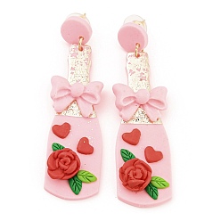 Pink Vase with Flower Polymer Clay Dangle Stud Earrings, 304 Stainless Steel Earrings, Pink, 74x20mm