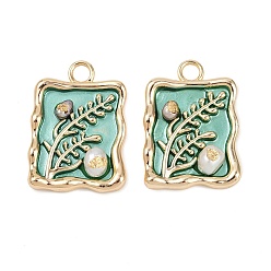Средний Аквамарин Латунная эмаль и натуральный жемчуг прямоугольник с подвесками-цветами, реальный 18 k позолоченный, средний аквамарин, 31.5x22.5x5.5 мм, отверстие : 3.5 мм