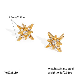 Настоящее золото 18K Винтажные 304 серьги-гвоздики в форме восьмиконечной звезды из нержавеющей стали с кристаллами и стразами для женщин, реальный 18 k позолоченный, 8.5 мм