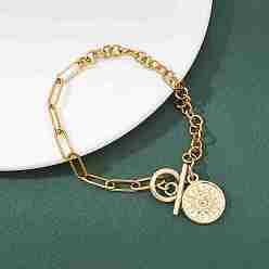 Настоящее золото 18K Плоские круглые браслеты с солнцем 201 из нержавеющей стали с подвесками, 304 Браслеты-цепочки из нержавеющей стали с застежкой-скрепкой для женщин, реальный 18 k позолоченный, 7-5/8 дюйм (19.5 см)