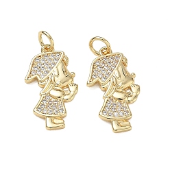Real 18K Gold Plated Brass Micro Pave Clear Cubic Zirconia Pendants, Girl Charms, Rack Plating, Cadmium Free & Lead Free, Real 18K Gold Plated, 21x12x2mm, Hole: 3.5mm
