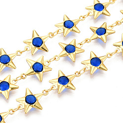 Морской Синий Латунные звездчатые цепи, со стеклом, пайки, с катушкой, долговечный, звезда, золотые, Marine Blue, 14x11x3 мм, около 32.81 футов (10 м) / рулон