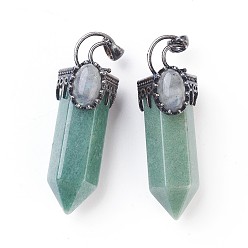 Зеленый Авантюрин Естественный зеленый авантюрин большие кулоны, остроконечный кулон, с латунными находками и овальными натуральными лабрадоритовыми кабошонами, граненые, пуля, античное серебро, 60~62x20x23~24 мм, отверстие : 5.5x7 мм