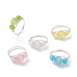 Серебро Кольцо на палец с кошачьим глазом и бусинами, экологически чистое кольцо из медной проволоки для женщин, долговечный, круглые, серебряные, размер США 8 1/4 (18.3 мм)