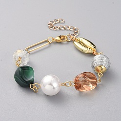 Dark Green Beaded Bracelets, with Acrylic Beads, Alloy Beads, Plastic Imitation Pearl Beads, Polyester Cord Fabric Beads, 304 Stainless Steel Findings and Brass Link Ring, Dark Green, 7-1/2 inch(19cm)