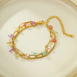 Настоящее золото 18K Многорядные браслеты из нержавеющей стали, браслеты-цепочки с панцирем, скрепкой и фигаро для женщин, с натуральными смешанными драгоценными камнями бусинов, реальный 18 k позолоченный, 6-3/8 дюйм (16.3 см)