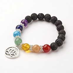 Mixed Stone Gemstone Bead Charm Bracelets, Chakra Stretch Bracelets, with Alloy Findings, Ring with Lotus, Colorful, 58mm(2-1/4 inch)