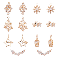 Golden 14Pcs 7 Style Brass Micro Pave Clear Cubic Zirconia Pendants, Long-Lasting Plated, Golden, 2pcs/style