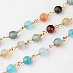 Pale Turquoise Handmade Natural Agate Beaded Chains, with Spool, Unwelded, with Brass Findings, Golden, Pale Turquoise, 16x6mm, about 32.8 Feet(10m)/roll