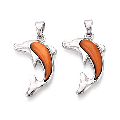 Шоколадный Подвески из сплава и окрашенных натуральных раковин морского ушка, прелести дельфинов, платина, цвет шоколада, 30~30.5x19~19.5x4 мм, отверстие : 6.5x4 мм