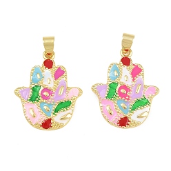 Colorful Brass Pendants, with Enamel, Hamsa Hand Charms, Cadmium Free & Lead Free, Rack Plating, Long-Lasting Plated, Real 18K Gold Plated, Colorful, 28.5x23x2mm, Hole: 4x6mm